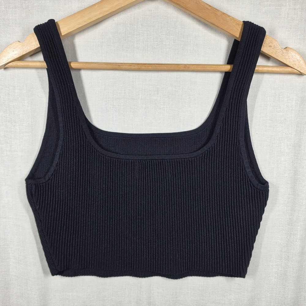 Aritzia Babaton Sculpt Crop Top Womens Medium Black Ribbed Knit Square Neck - Picture 3 of 9